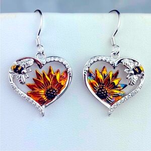 925 silver heart sunflower and bee dangle earrings gift box certificate